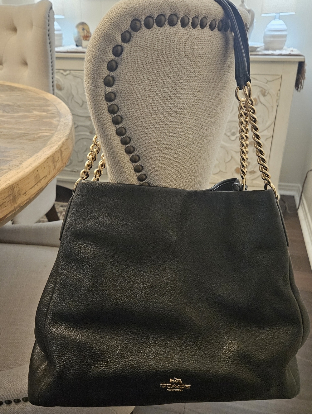 Coach Black Pebbled Leather Shoulder Bag with Gold Chain